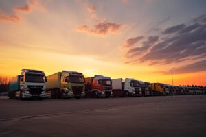 muchos camiones transporte estacionados estacion servicio al atardecer ai generativo