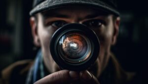 fotografo adulto joven que sostiene enfoque camara slr generado ai